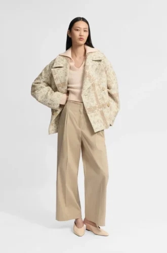 Check-jacquard coat with double-breasted closure