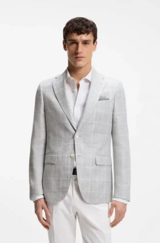 Checked slim-fit jacket in linen and virgin wool
