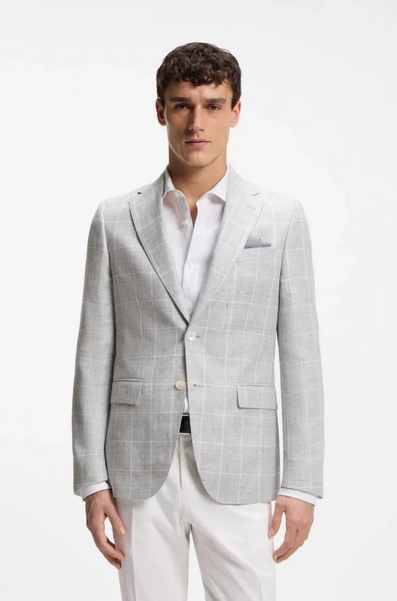 Checked slim-fit jacket in linen and virgin wool Checked slim-fit jacket in linen and virgin wool