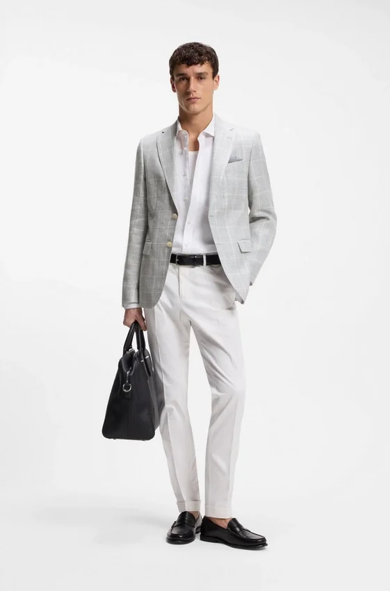 Checked slim-fit jacket in linen and virgin wool Checked slim-fit jacket in linen and virgin wool