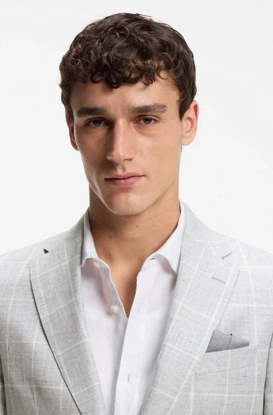 Checked slim-fit jacket in linen and virgin wool Checked slim-fit jacket in linen and virgin wool