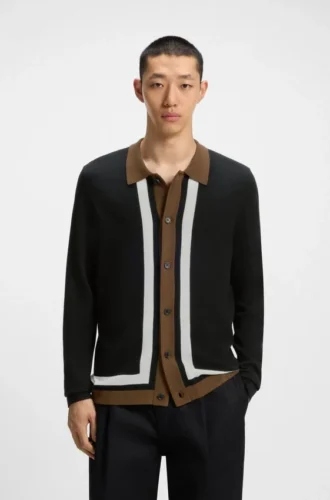 Contrast-stripe sweater with button front