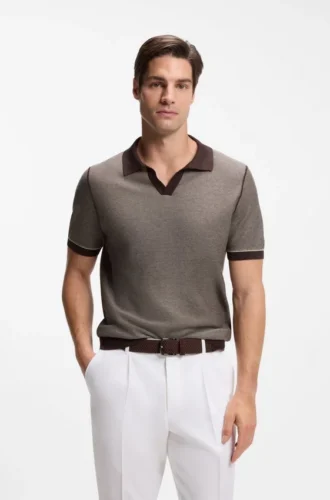Cotton-blend knit polo with horizontal stripe.