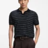 Cotton-blend knit polo with horizontal stripe.