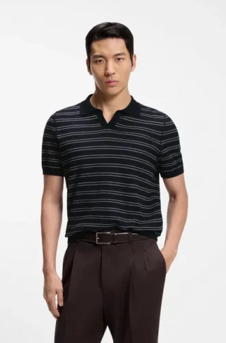 Cotton-blend knit polo with horizontal stripe.