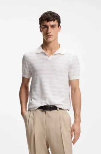 Cotton-blend knit polo with horizontal stripe.