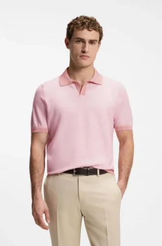 Cotton-blend knit polo with horizontal stripe.