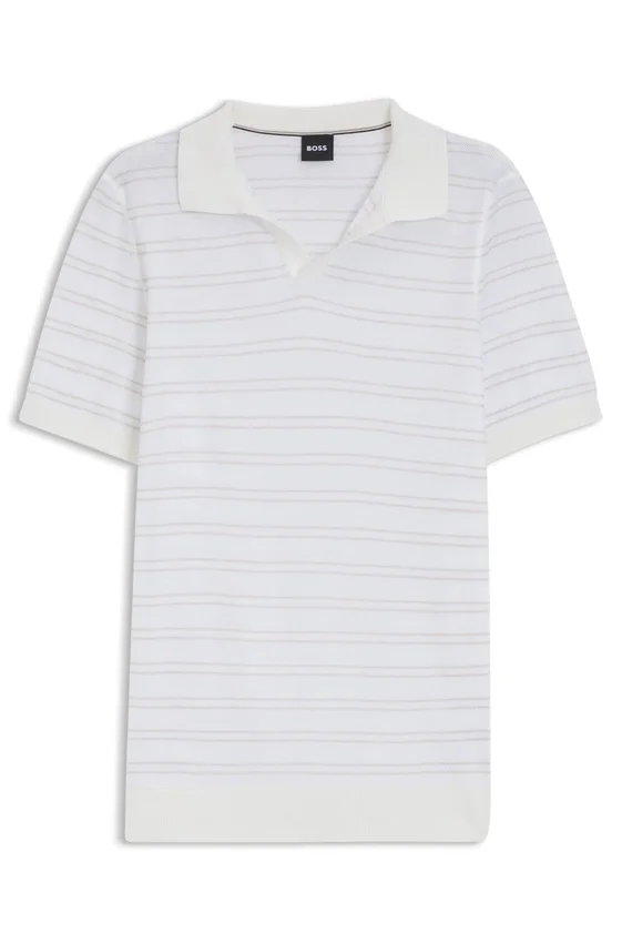 Cotton-blend knit polo with horizontal stripe. Cotton-blend knit polo with horizontal stripe.