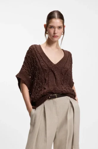 Cotton-blend knit top with cable detailing