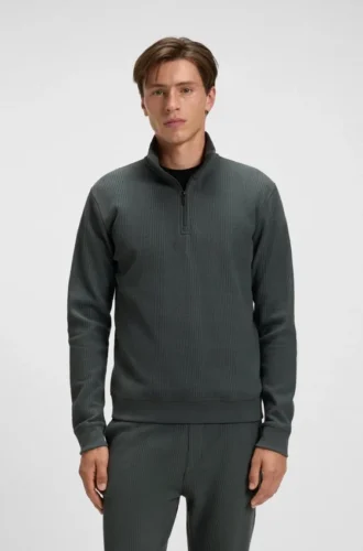 Cotton-blend zipper-neck sweatshirt with waffle structure