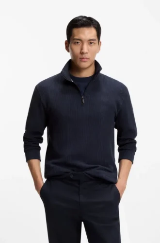 Cotton-blend zipper-neck sweatshirt with waffle structure