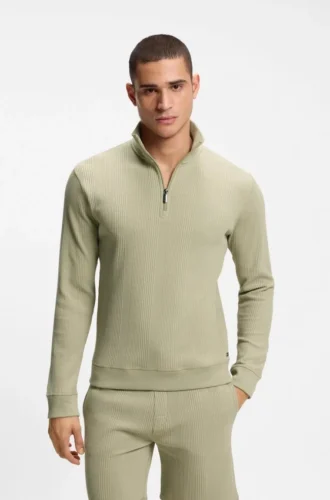 Cotton-blend zipper-neck sweatshirt with waffle structure