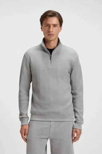 Cotton-blend zipper-neck sweatshirt with waffle structure