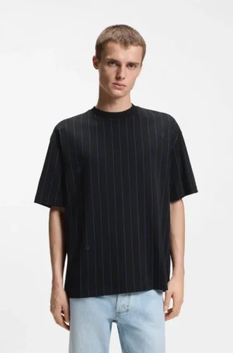 Cotton-jersey T-shirt with Happy HUGOs and stripe