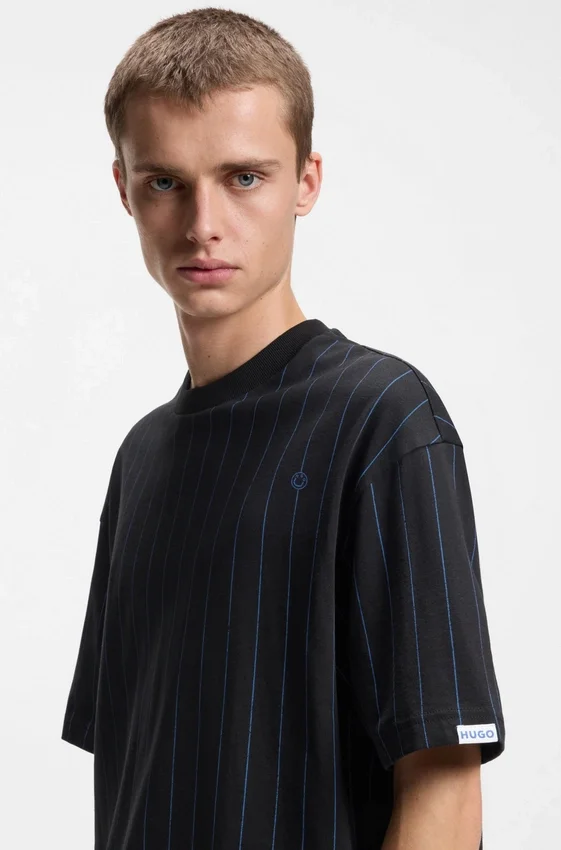 Cotton-jersey T-shirt with Happy HUGOs and stripe Cotton-jersey T-shirt with Happy HUGOs and stripe