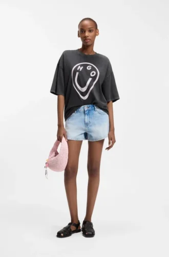 Cotton-jersey T-shirt with melted-effect Happy HUGO print