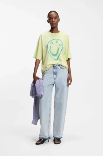 Cotton-jersey T-shirt with melted-effect Happy HUGO print