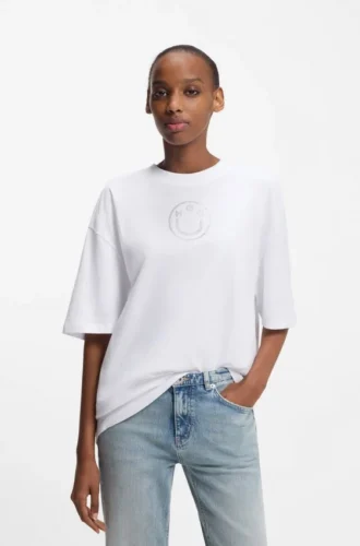 Cotton-jersey T-shirt with rhinestone Happy HUGO