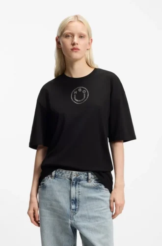 Cotton-jersey T-shirt with rhinestone Happy HUGO