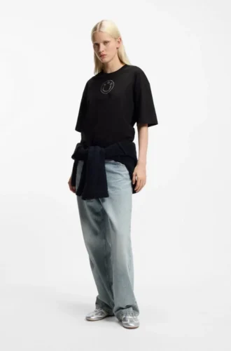 Cotton-jersey T-shirt with rhinestone Happy HUGO