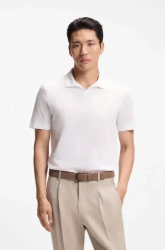 Cotton-linen polo shirt with Johnny collar