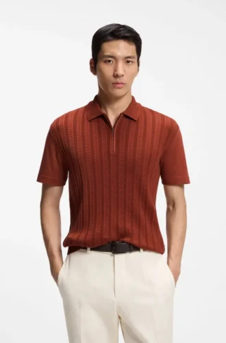 Cotton-silk polo shirt with zip neck