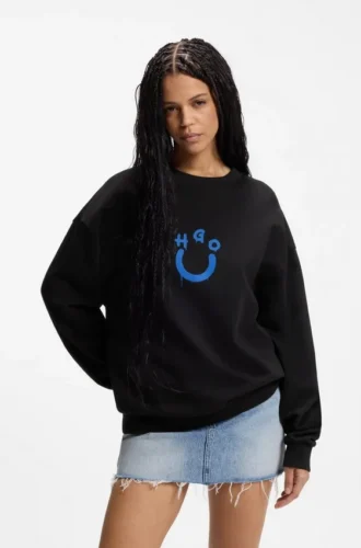 Cotton-terry sweatshirt with Happy HUGO