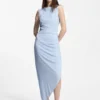 Crepe dress with gathered asymmetric hemline