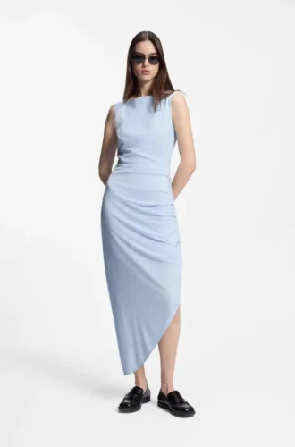 Crepe dress with gathered asymmetric hemline Crepe dress with gathered asymmetric hemline