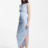 Crepe dress with gathered asymmetric hemline