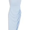 Crepe dress with gathered asymmetric hemline