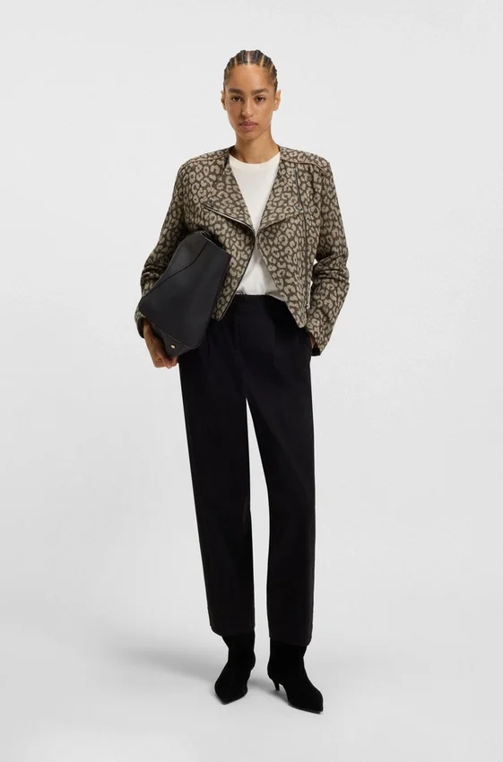 Cropped biker jacket with leopard jacquard Cropped biker jacket with leopard jacquard