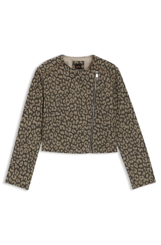 Cropped biker jacket with leopard jacquard Cropped biker jacket with leopard jacquard
