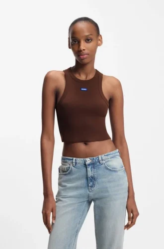 Cropped stretch-cotton tank top with blue logo label