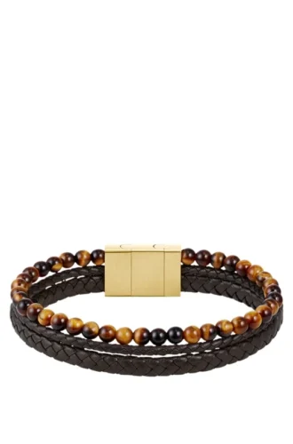 Cuff with beads and braided brown leather
