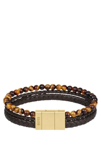 Cuff with beads and braided brown leather