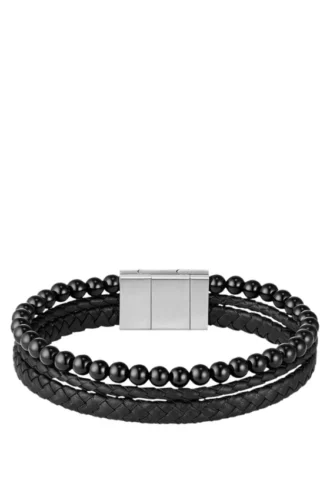Cuff with braided black leather and beads