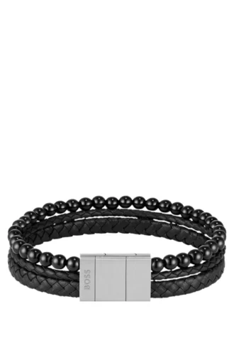 Cuff with braided black leather and beads