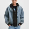 Denim bomber jacket with jersey layer