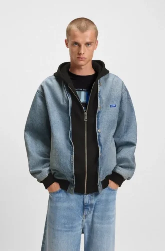 Denim bomber jacket with jersey layer