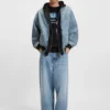 Denim bomber jacket with jersey layer