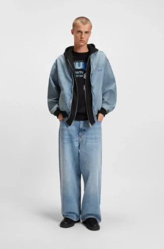 Denim bomber jacket with jersey layer