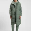 Down-filled long jacket with water-repellent finish