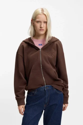 Embossed-logo zip-up hoodie in cotton terry