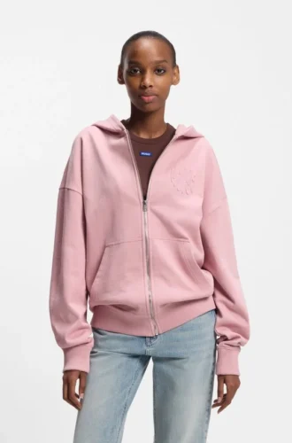 Embossed-logo zip-up hoodie in cotton terry