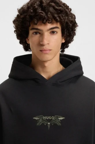 Embroidered-artwork hoodie in cotton terry