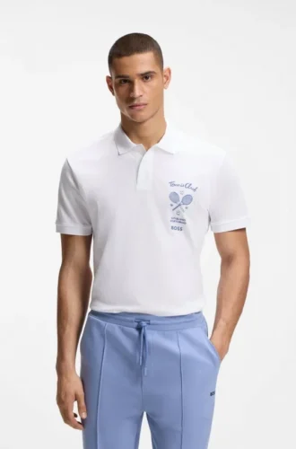 Embroidered-artwork polo shirt in cotton mesh
