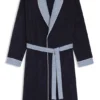 Embroidered-logo navy dressing gown in cotton velvet
