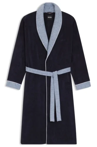 Embroidered-logo navy dressing gown in cotton velvet