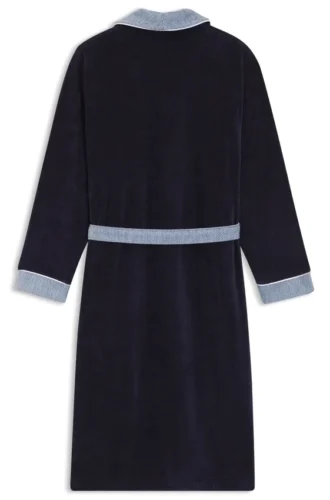 Embroidered-logo navy dressing gown in cotton velvet